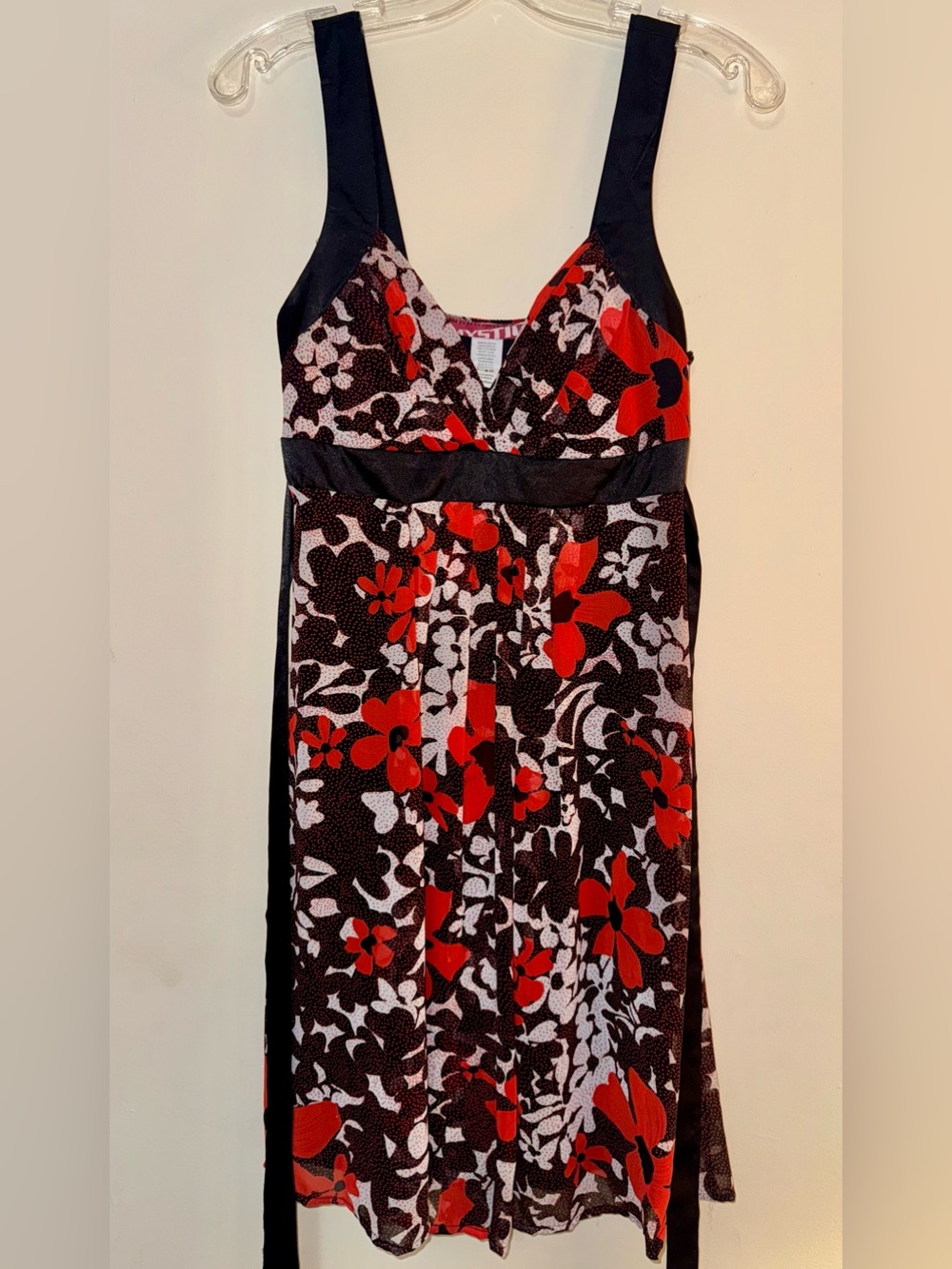 Mystic Sheer Black and Red and White Floral V-Neck Empire Dress M